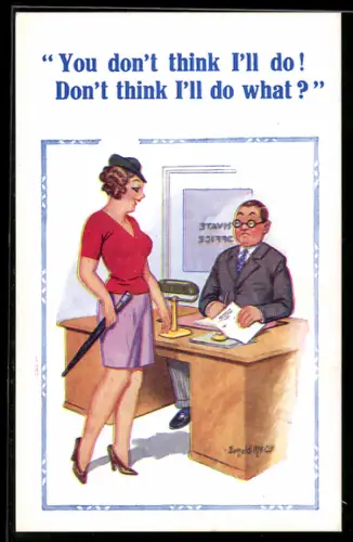 Künstler-AK Donald McGill: Attraktive Frau steht vor einem Mann an einem Schreibtisch