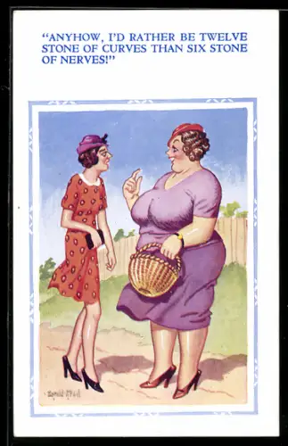 Künstler-AK Donald McGill: Korpulente Frau unterhält sich mit einer deutlich untergewichtigen Frau