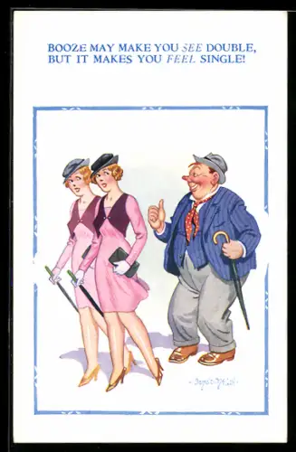 Künstler-AK Donald McGill: Betrunkener Mann sieht zwei attraktiven Frauen nach