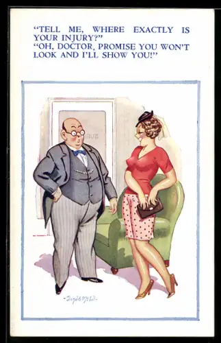 Künstler-AK Donald McGill: Attraktive Frau beim Arztbesuch