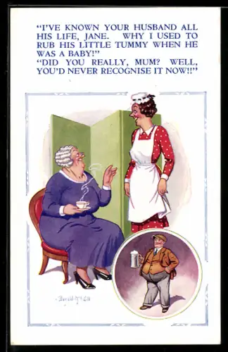 Künstler-AK Donald McGill: Ehefrau unterhält sich mit einer älteren Dame über ihren Mann