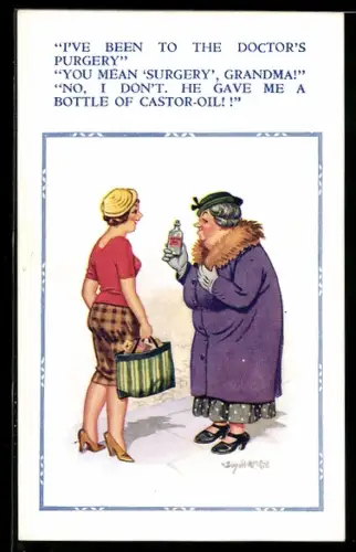 Künstler-AK Donald McGill: Ältere Dame spricht mit einer attraktiven Frau und hält ein Fläschchen in den Händen