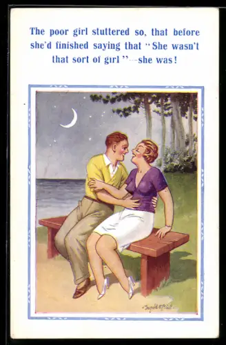 Künstler-AK Donald McGill: Pärchen sitzt auf einer Bank am Ufer