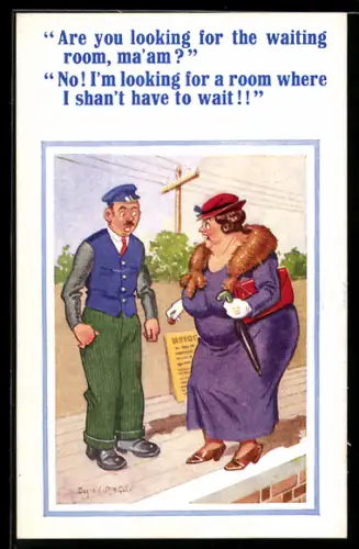 Künstler-AK Donald McGill: Frau mit Pelz auf den Schultern spricht mit einem Schaffner