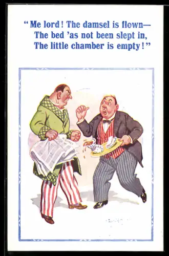 Künstler-AK Donald McGill: Diener unterrichtet seinen Herrn über die Flucht der Jungfrau