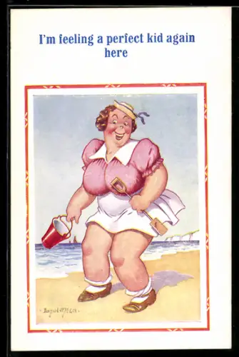 Künstler-AK Donald McGill: Korpulente Frau in kindlicher Kleidung und mit Spielzeug am Strand