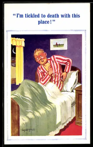 Künstler-AK Donald McGill: Mann im Pyjama kratzt sich