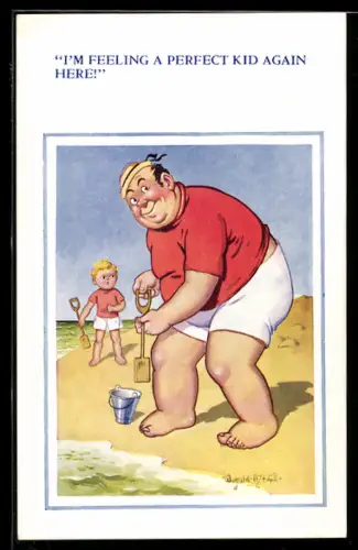 Künstler-AK Donald McGill: Mann in kindlicher Kleidung und mit Strandspielzeug