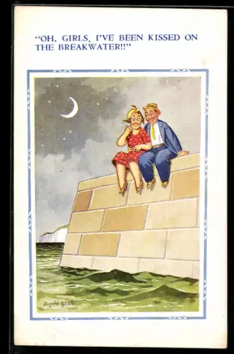 Künstler-AK Donald McGill: Mann und Frau sehen sich die See bei Nacht an