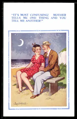 Künstler-AK Donald McGill: Mann und Frau sitzen eng umschlungen auf einer Bank