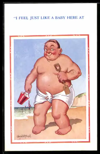 Künstler-AK Donald McGill: Korpulenter Mann mit Windel am Strand