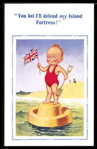 Künstler-AK Donald McGill: Kleinkind mit Union Jack steht auf einer Sandburg