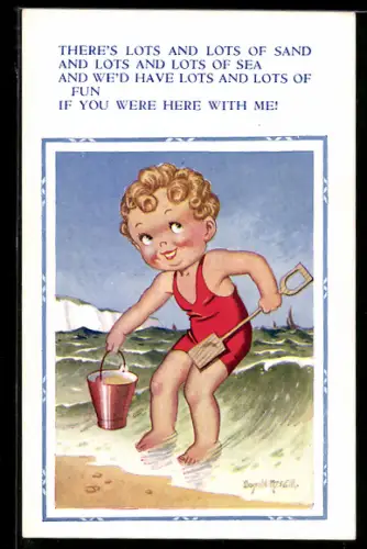 Künstler-AK Donald McGill: Kind mit Spielzeug steht am Strand