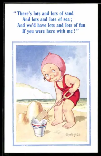 Künstler-AK Donald McGill: Kind mit Schaufel baut eine Sandburg