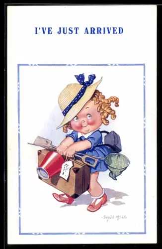 Künstler-AK Donald McGill: Kind im blauen Kleid, Koffer und Strandspielzeug