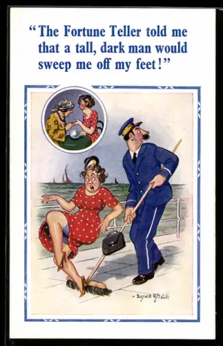 Künstler-AK Donald McGill: Frau wird von einem Arbeiter übersehen und weggefegt