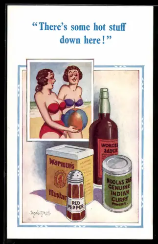 Künstler-AK Donald McGill: Zwei attraktive Frauen im Bikini über scharfen Sossen und Gewürzen