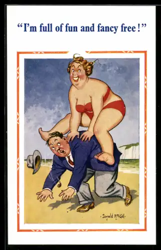 Künstler-AK Donald McGill: Frau im Bikini springt auf den Rücken eines Mannes