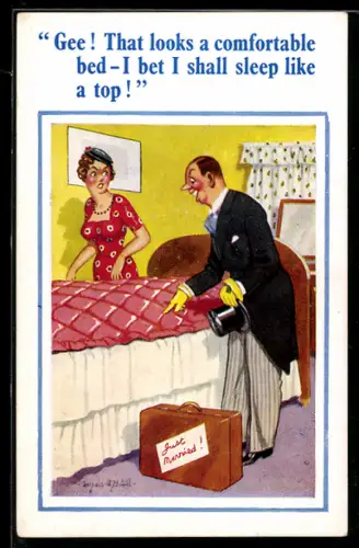 Künstler-AK Donald McGill: Junges Ehepaar an einem Bett