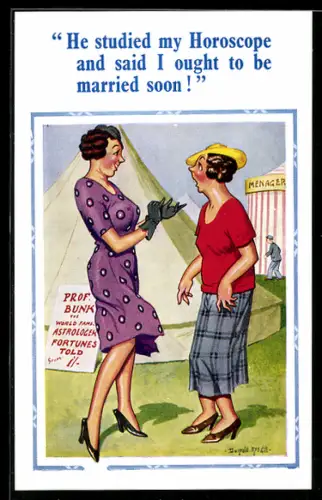 Künstler-AK Donald McGill: He studied my Horoscope...