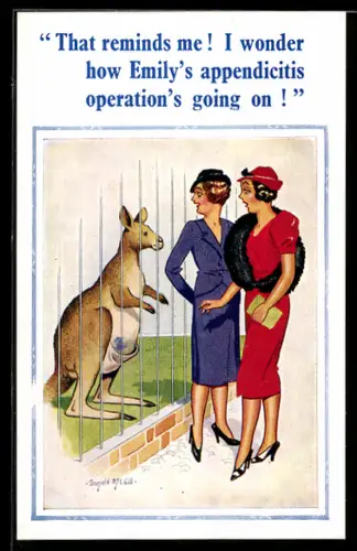 Künstler-AK Donald McGill: Zwei Frauen im Zoo betrachten ein Känguru