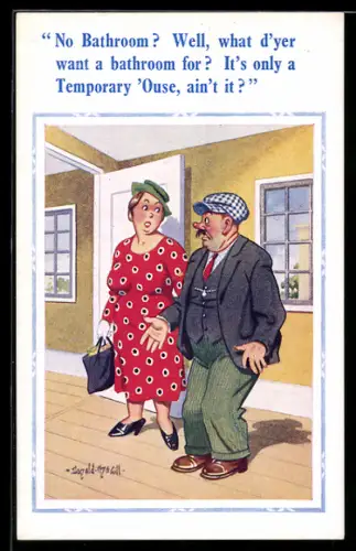 Künstler-AK Donald McGill: Verwirrte Frau im Gespräch mit einem Mann