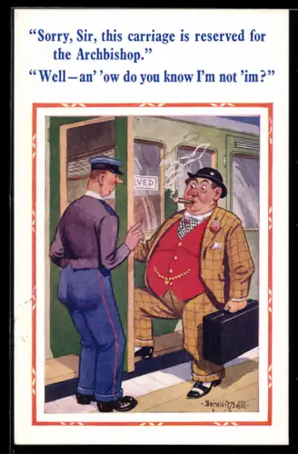 Künstler-AK Donald McGill: Mann mit Zigarre wird vom Schaffner ermahnt