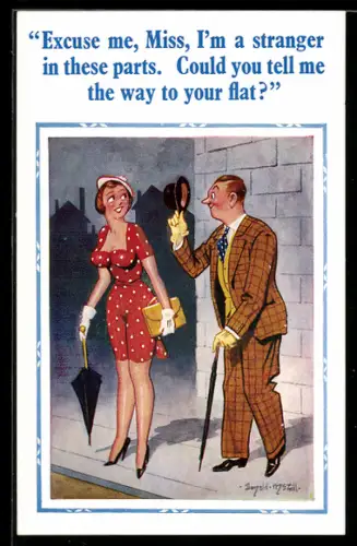 Künstler-AK Donald McGill: Mann zieht den Hut vor einer hübschen Dame