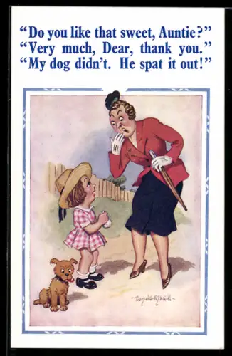 Künstler-AK Donald McGill: Frau sieht ein junges Mädchen und einen Hund schockiert an