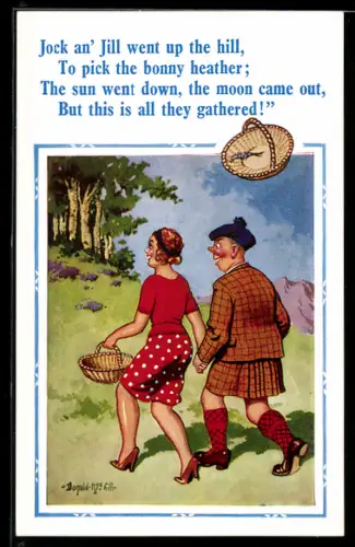 Künstler-AK Donald McGill: verliebtes Paar mit Korb am Waldrand