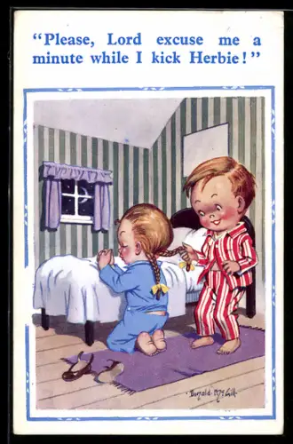 Künstler-AK Donald McGill: Junge ärgert seine betende Schwester und zieht sie an den Zöpfen