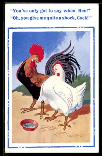 Künstler-AK Donald McGill: Henne und Hahn bei einer Wasserschale