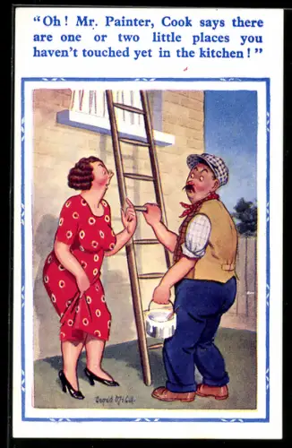 Künstler-AK Donald McGill: Frau unterhält sich mit einem Maler an einer Leiter