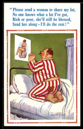 Künstler-AK Donald McGill: Korpulenter Mann betet vor dem Bild einer Frau im Bikini