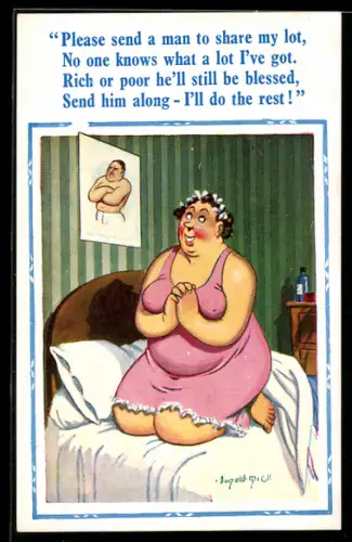 Künstler-AK Donald McGill: korpulente Dame im Nachthemd betet ein muskolöses Männerbild an