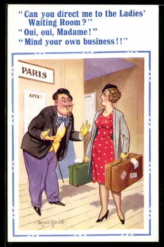 Künstler-AK Donald McGill: Frau fragt Franzosen am Flughafen um Hilfe