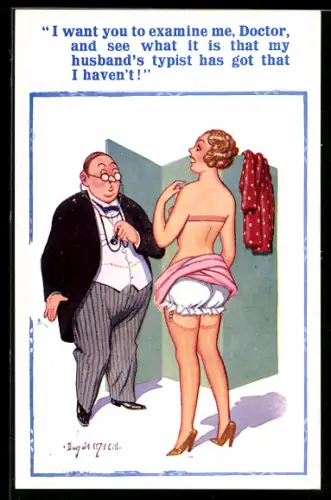 Künstler-AK Donald McGill: Spärlich bekleidete Frau beim Arzt