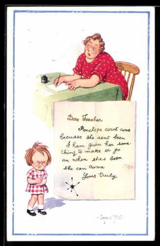 Künstler-AK Donald McGill: Lehrerin liest den gefälschten Entschuldigungszettel eines Kindes