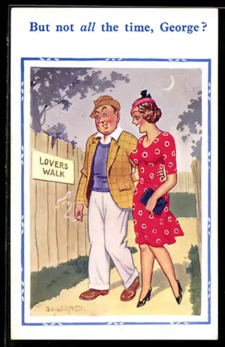 Künstler-AK Donald McGill: Rauchender Mann mit hübscher Frau im Arm beim Lovers Walk