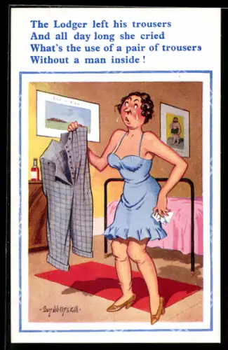 Künstler-AK Donald McGill: Junge Frau im blauen Kleid mit der Hose eines Mannes in der Hand