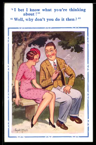 Künstler-AK Donald McGill: Junges Pärchen auf einer Parkbank