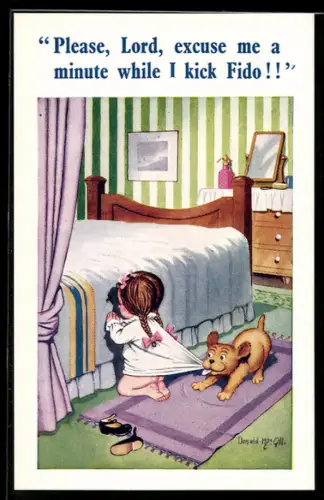 Künstler-AK Donald McGill: Lord excuse me a minute while I kick Fido