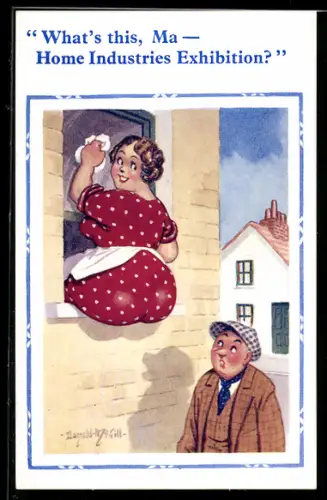 Künstler-AK Donald McGill: Mann besieht sich das Hinterteil einer fensterputzenden Frau