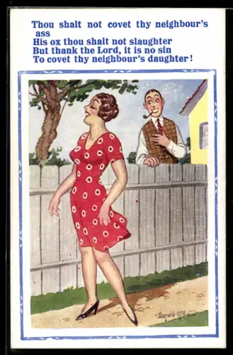 Künstler-AK Donald McGill: Mann sieht einer hübschen Frau über den Zaun hinterher