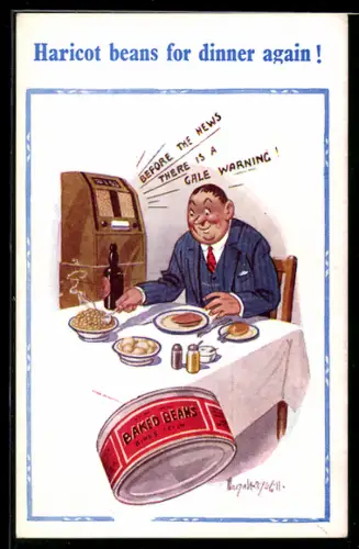 Künstler-AK Donald McGill: Mann beim Abendessen mit Haricot Bohnen
