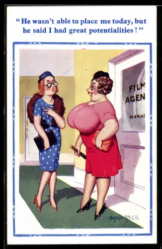 Künstler-AK Donald McGill: Frau mit grosser Oberweite bei einer Film-Agentur