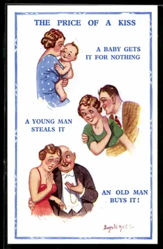 Künstler-AK Donald McGill: Wie Männer in verschiedenen Lebensaltern an Küsse kommen