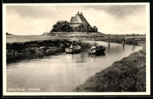 AK Hallig Hooge, Ruderboote an der Kirchwarf