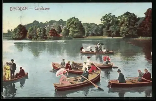 AK Dresden, Carolasee im Kgl. Grossen Garten mit Ausflugsgesellschaft in Ruderbooten