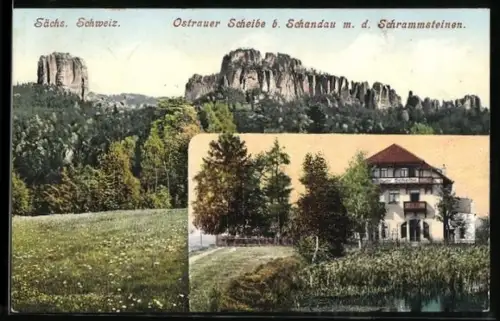 AK Bad Schandau, Hotel Ostrauer Scheibe mit Schrammsteinen